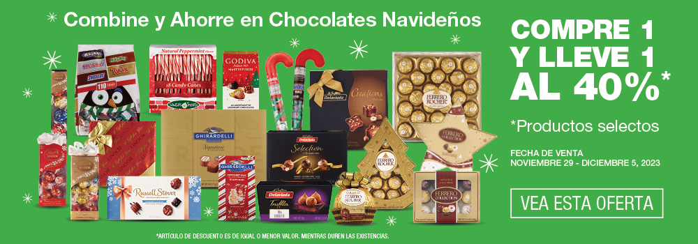 Chocolates Navideños selectos compre 1 lleve 1 al 40% de descuento. Noviembre 29 a Diciembre 5. Haga clic para ver esta oferta