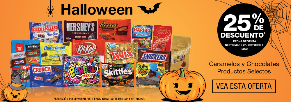 Caramelos y chocolates de Halloween selectos al 25% de descuento. Septiembre 27 al Octubre 3. Haga clic para ver esta oferta